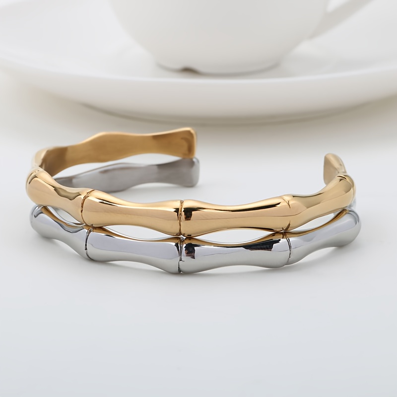 Full 316L Stainless Steel Hip Hop Bamboo Rayon Joint Open Bangle